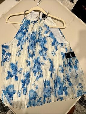 MSK White and Blue Floral Pleated Halter Top